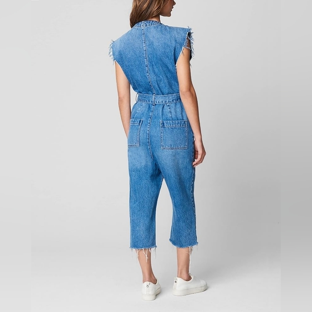 Blank NYC Blue Denim Jumpsuit with V-Neck and Tie Belt..SIZE:L - Picture 2 of 16